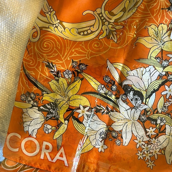 NORA CORA orange floral silk scarf NEW 22”x22” musical instruments Beautiful - Picture 1 of 4